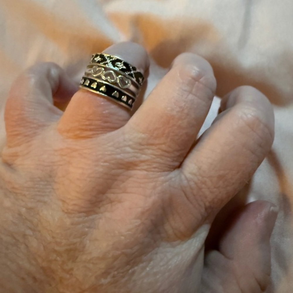 Silver Heart and Black Set of 3 Rings